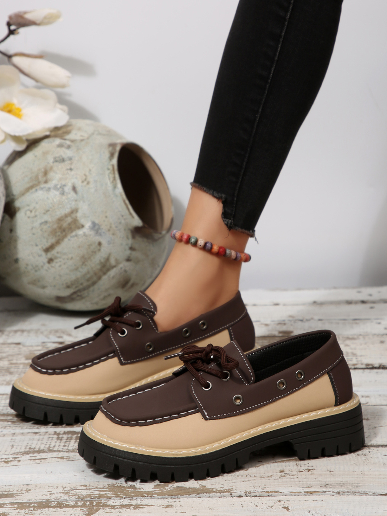 Women's Colour Block Loafers Lace Up Thick Sole Platform Shoes_voghion.com
