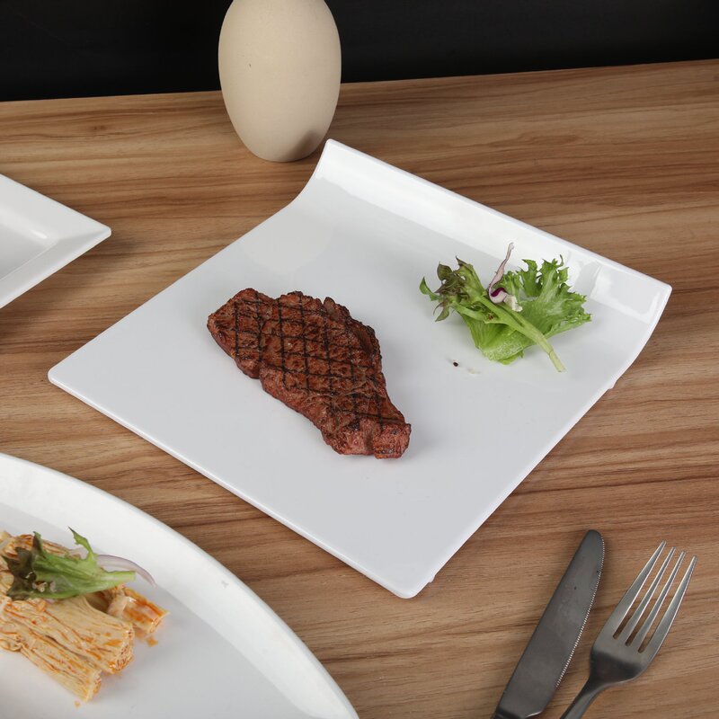 Melamine Tableware, Square Plate with Irregular Design, White Western-Style Steak Plate, Pasta Plate, Dinner Plate