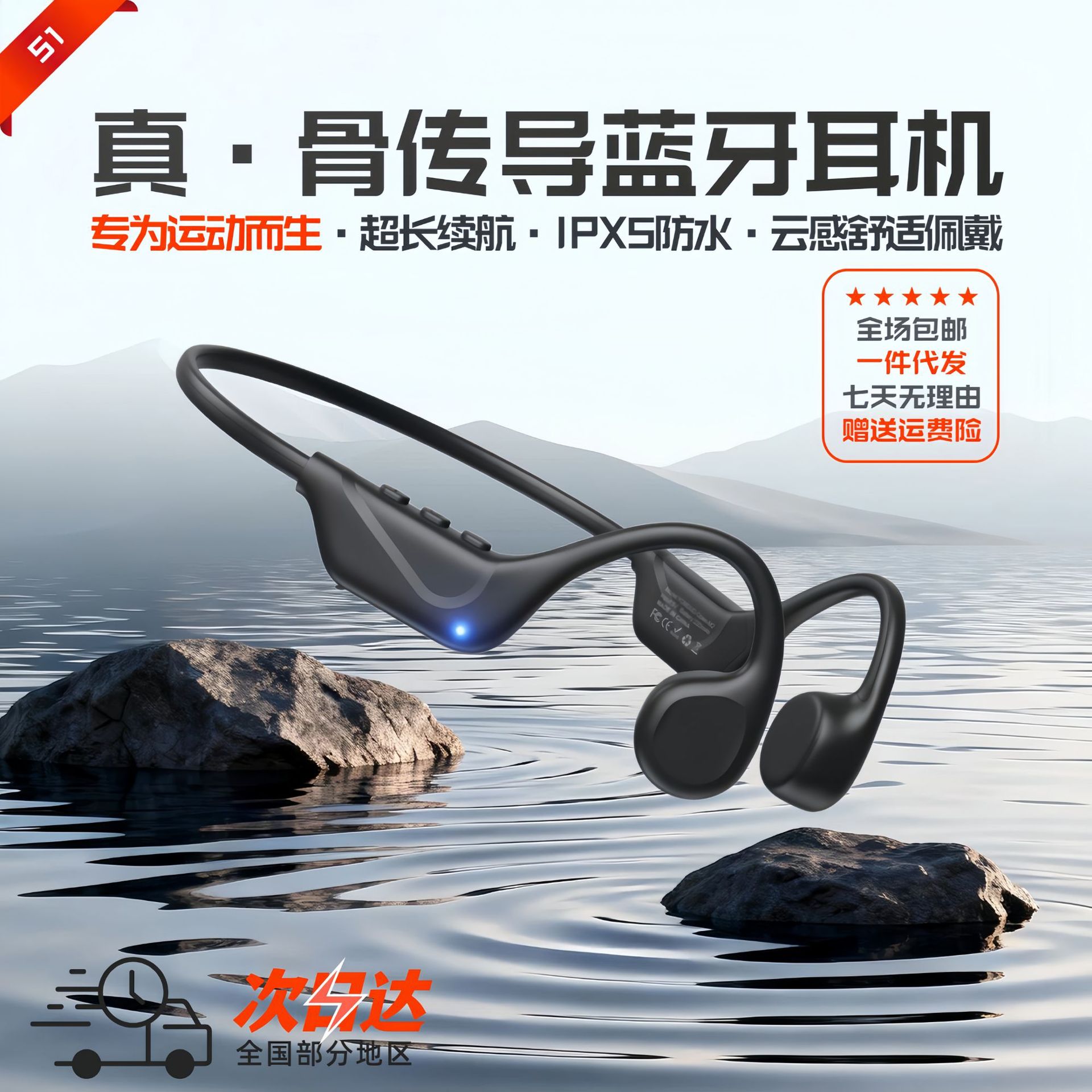 Cross-Border Best-Selling S1 True Bone Conduction Bluetooth Headset Ipx5 Waterproof Ultra-Long Battery Life 9H Running and Cycling Sports Headset