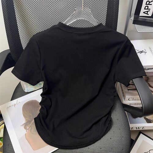 KR116, KR117, European-style printed Pony logo mid-shoulder short-sleeve t-shirt 2025, fitted with pleated design