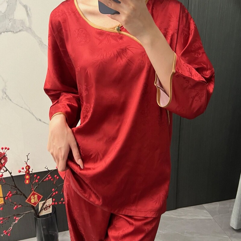 Chinese red national style pajamas Women's Spring and Autumn new fashion high sense birth year long sleeve trousers home wear suit