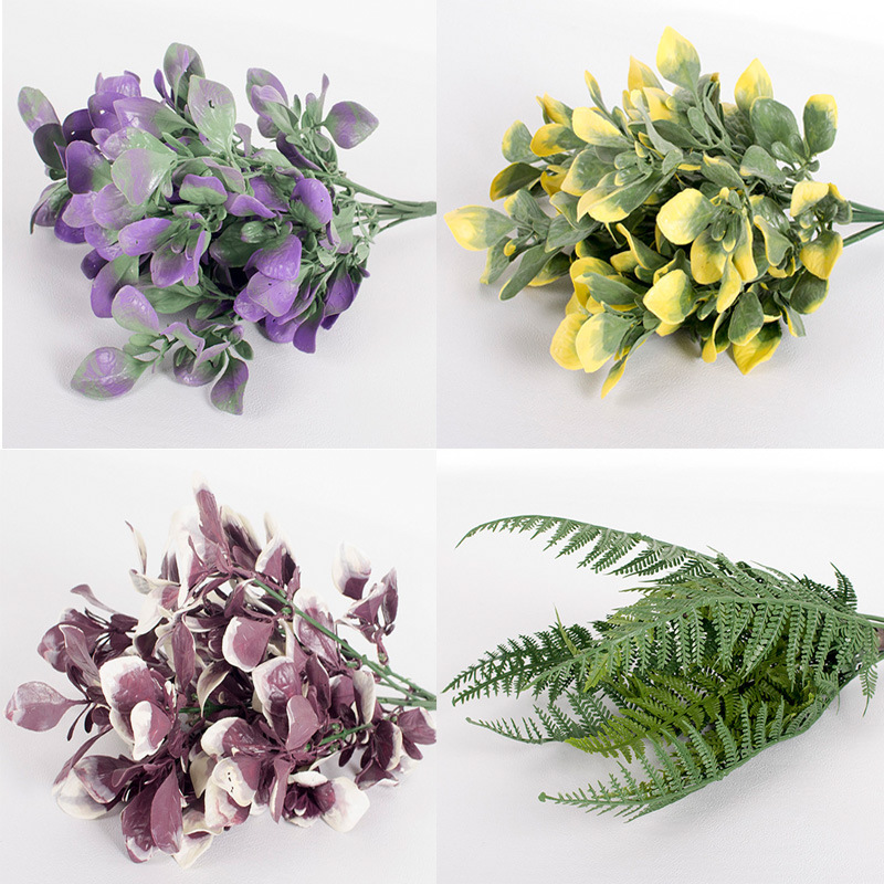 Plantas verdes falsas, decoración de paredes, hojas de plantas de simulación, arreglos florales de pared de fondo, 7 cabezas, lavanda de perilla