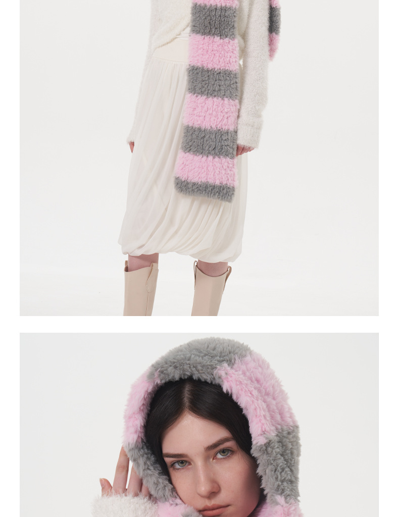 Women's Scarves Soft striped two-color plush scarf for women winter new warm thickened versatile cute knitted scarf scarf_voghion.com