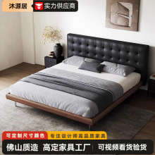 华夫格复古真皮床主卧头层牛皮中古风实木双人床黑色齐边主卧婚床