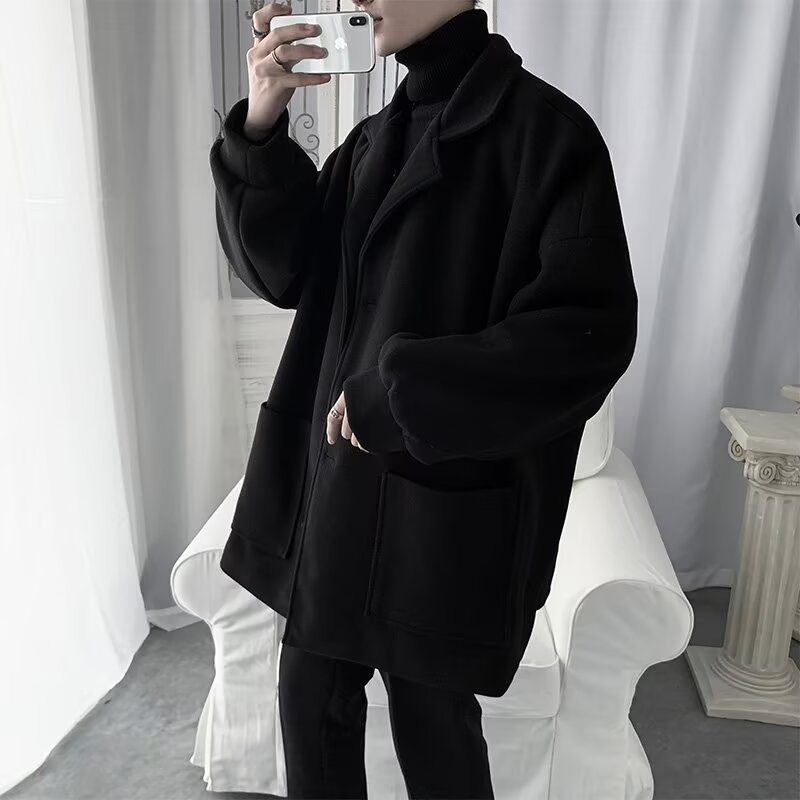 New woolen coat men's solid color woolen coat medium long windbreaker handsome autumn and winter hooligan handsome_voghion.com