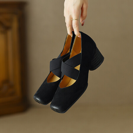 Retro distressed ballet shoes for women Mary Jane shoes new version dark style square toe full leather shallow pumps for women