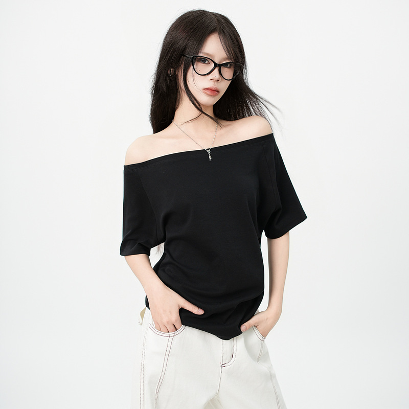Jiyou Black Off-Shoulder Design Short-Sleeve T-Shirt 2026 Summer Open-Shoulder Loose and Relaxed Top