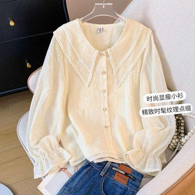 Plus-size women's double-layered doll-collar lace shirt, new spring/autumn collection, stylish inner top Plus-size women's double-layered doll-collar lace shirt, new spring/autumn collection, stylish inner top