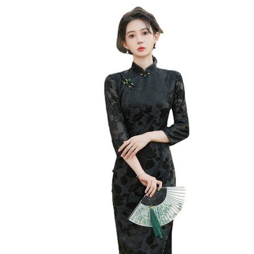 Wine color Chinese dress qipao dress for women oriental cheongsam dress Flocking Retro improved slim cheongsam style of the Republic of China