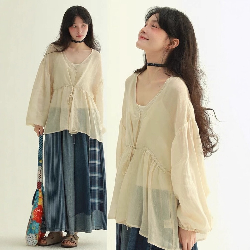 Popular Ramie V-Neck Lace-Up Shirt Top for Women Summer New Style Literary Retro Loose and Light Shirt Top