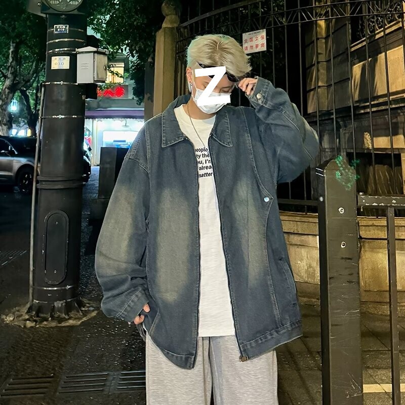 High Street Washed Distressed Tie-Dye Workwear Denim Jacket Men's Style Cuffed Sleeves Autum Regular Trendy Long-Sleeved Teenagers