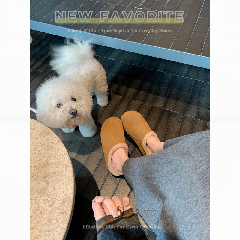 First-Layer Cowhide~Genuine Leather Lambswool Small Potato Snow Boots~Thick-Soled Warm Plush Fur Clogs in Birkenstock Style