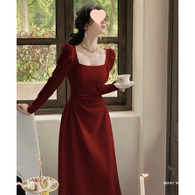 红色长袖连衣裙女春秋法式订婚礼服新娘敬酒服平时可穿红裙子长裙
