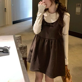 焦糖玛奇朵 韩系无袖圆领背心裙女秋冬甜美蝴蝶结连衣裙
