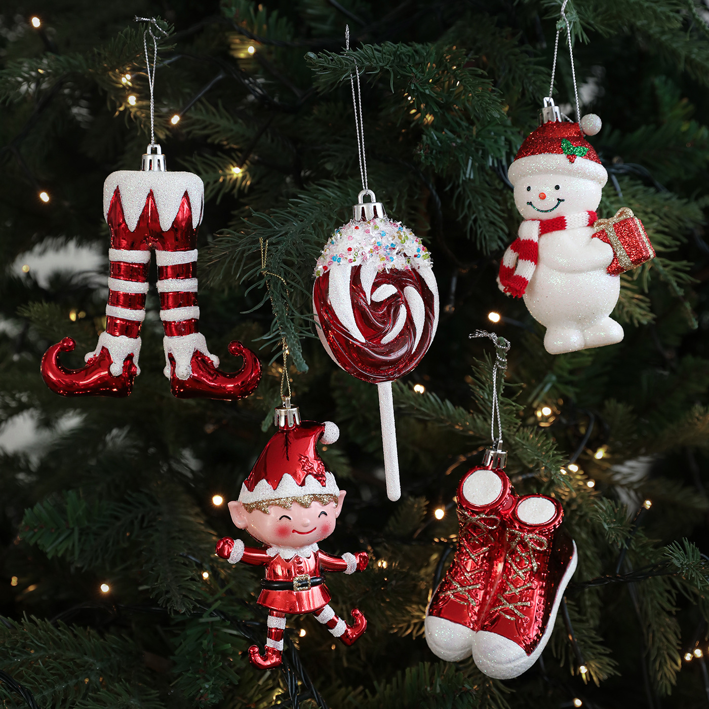 Nuevo producto rojo rojo blanco viscosa rosa plástico colgante de dibujos animados de color rosa árbol de Navidad ventana decoración en stock