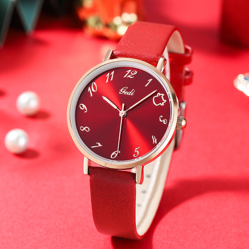 GEDI歌迪2021新款红牛手表牛年生肖本命年石英皮带女表气质