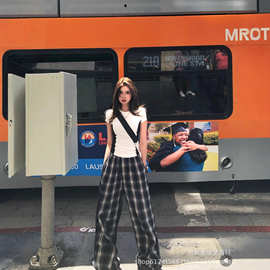 高版本B家25秋冬新款复古格纹拼接休闲长裤ins男女高腰阔腿休闲裤