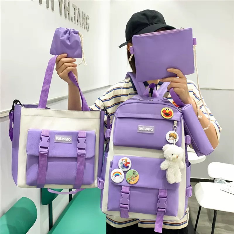 新款初高中学生书包四件套大容量户外旅行背包新款简约百搭双肩包