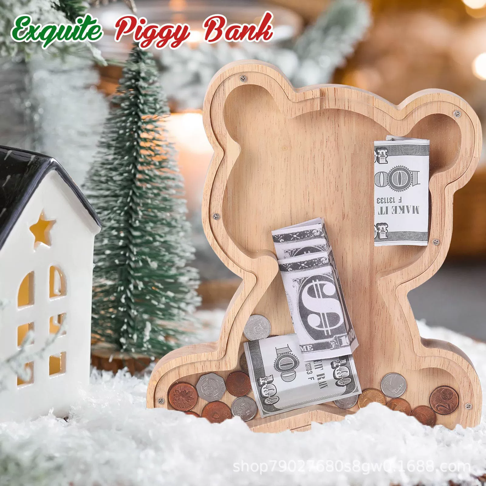 Деревянная копилка в виде медведя, прозрачная акриловая коробка для сбережений, детский подарок на день рождения, коробка для сбора монет с карманом для денег