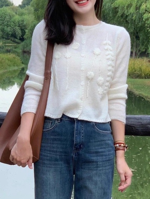 初秋氛围感穿搭白色提花毛衣开衫外套女外搭早秋韩系短款针织上衣|undefined