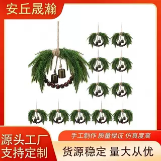 跨境复古圣诞迷你花环仿真诺福克松枝带木珠铃铛橱柜门窗椅子挂饰