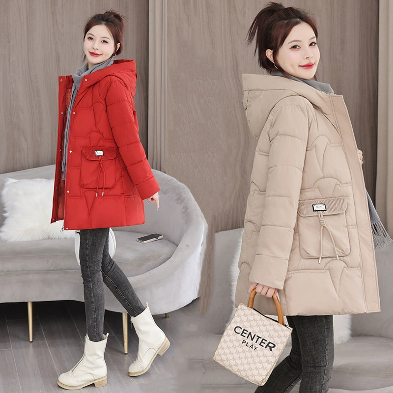 2025 Новая женская пуховая куртка в китайском стиле, однотонное толстое свободное хлопковое пальто средней длины с капюшоном для зимы.