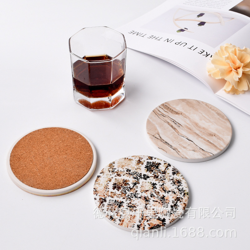 厂家批发陶瓷杯垫DIY白坯文创浮雕烫金吸水软木汽车杯垫隔热锅垫