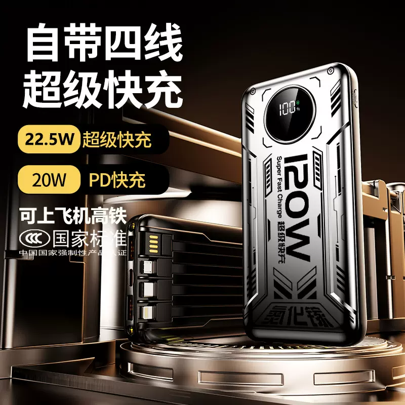 跨境赛博朋克机甲彩绘带线快充充电宝数显超薄智能数显移动电源