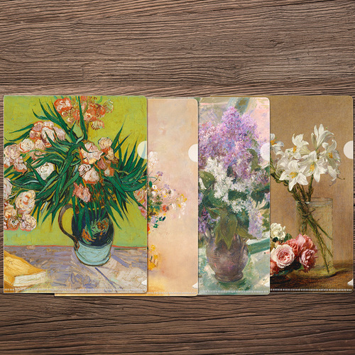 L-shaped folder imprinted flower set series famous paintings famous flowers A4 single-chip folder student office information storage