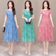 新款真丝连衣裙夏季短袖高档宽松收腰舒适印花中年妈妈中长裙批发