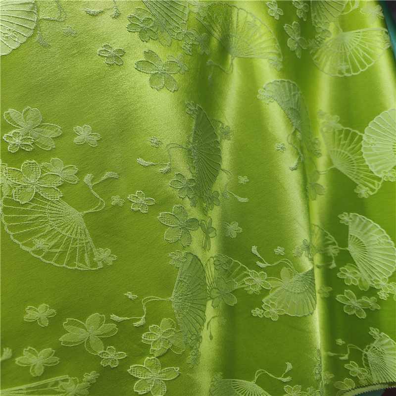 新品暗纹扇子双色提花面料 全涤缎面提花 中式开衫汉服连衣裙布料