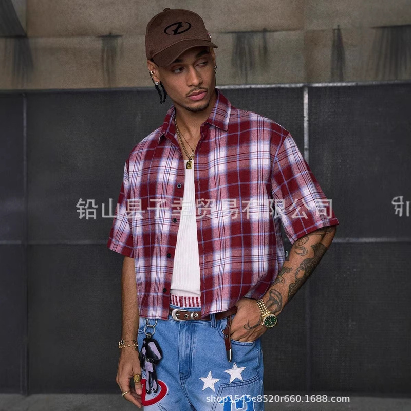 Cross-Border American Retro Red and Black Plaid Short-Sleeved Shirt for Men, Loose Short Style Trendy Casual Shirt Wholesale Cross-Border American Retro Red and Black Plaid Short-Sleeved Shirt for Men, Loose Short Style Trendy Casual Shirt Wholesale