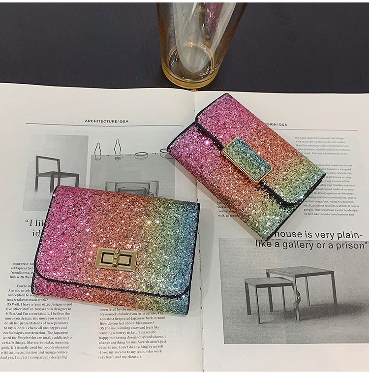 Sequins Design Fashion Style Square Shape Women's Gradient Color Pu Leather Sequins Magnetic Buckle Wallets