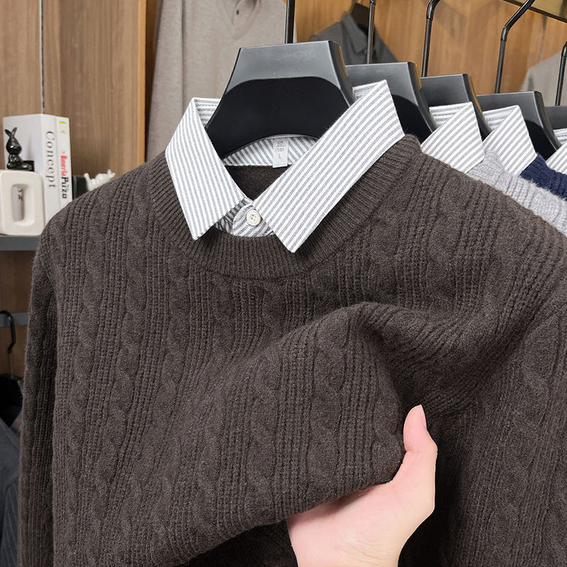 2025高端秋冬新款男士时尚假两件衬衫拼接针织提花青年百搭毛衣