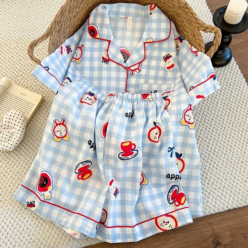 Pijamas al por mayor transfronterizos, pantalones cortos de mangas cortas, nubes de algodón, cardigan con solapa, nuevo estilo japonés de dibujos animados lindos ropa para el hogar