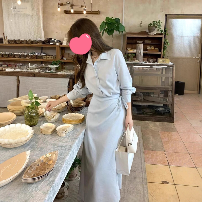 【Blue Island】Early Autumn Design-Inspired Faux Two-Piece Tencel Shirt Dress with a Cinched Waist and Long Skirt