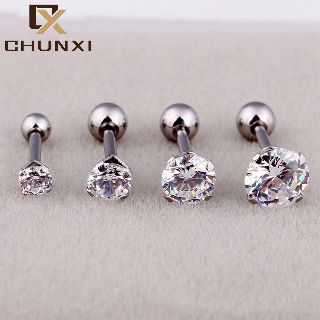 wish金属螺纹耳钉日韩4爪锆石耳钉钛钢个性小耳饰不锈钢耳钉批发