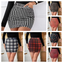 2024欧美亚马逊新款千鸟格松紧腰半身裙气质优雅包臀高腰短裙