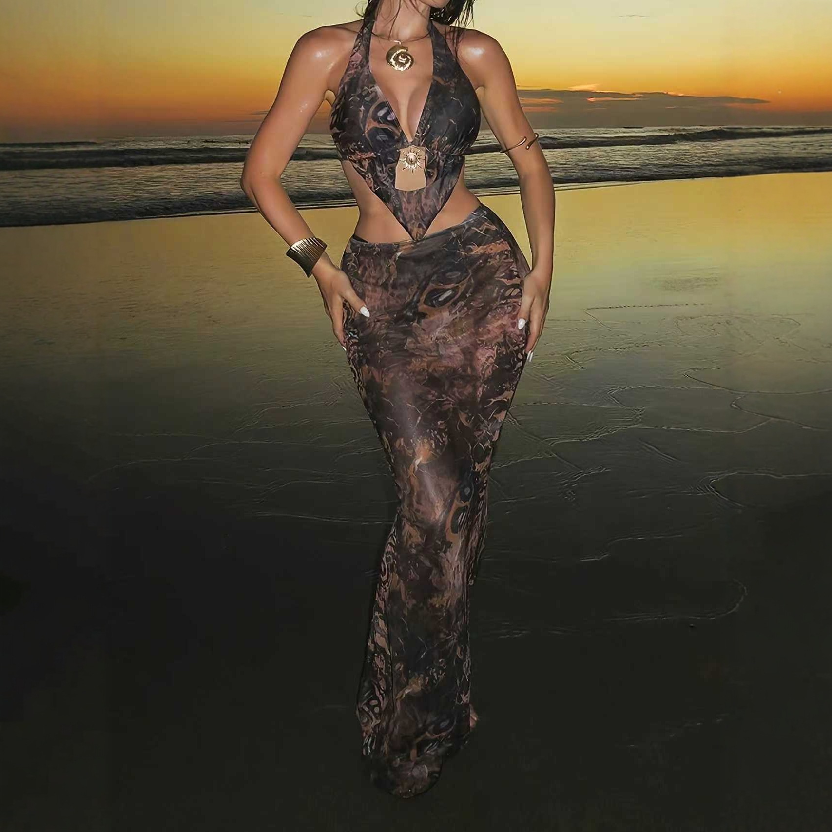 跨境2025欧美时尚性感比基尼镂空印花挂脖透视泳装绑带网纱包臀裙