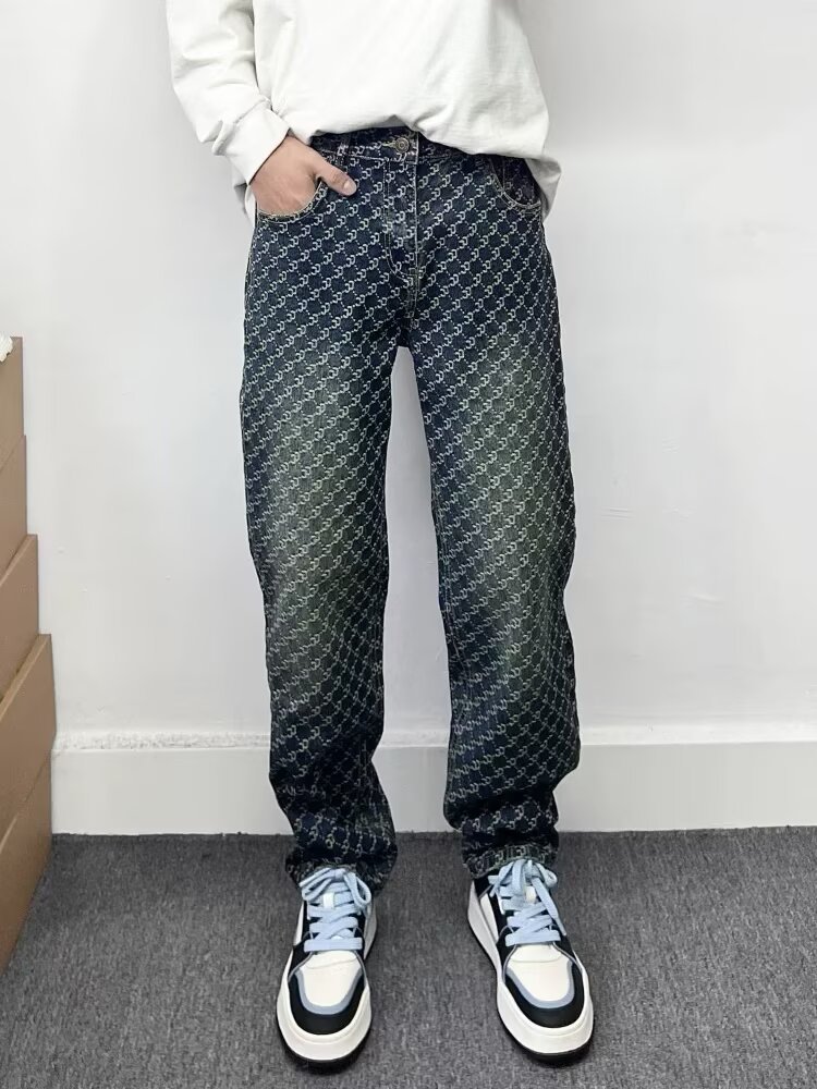 Men's Clothing High End Men's Straight Leg Jeans Streetwear American High Street Style Cool Edgy Vibe Full Print Embroidery_mkmklike.com