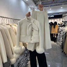 法式高级感兔耳领毛毛袖套羽绒外套2025冬季新款长款半身裙套装女
