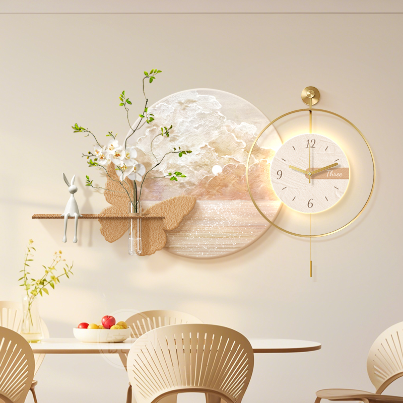 原木奶油风餐厅装饰画海浪肌理钟表挂钟客厅2025新款餐桌时钟挂画