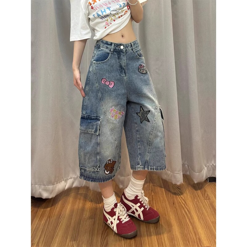Cute Kitty Cat Patch Embroidery Workwear Denim Shorts for Women, 2026 Summer New Style, Multi-Pocket Cropped Pants Cute Kitty Cat Patch Embroidery Workwear Denim Shorts for Women, 2026 Summer New Style, Multi-Pocket Cropped Pants