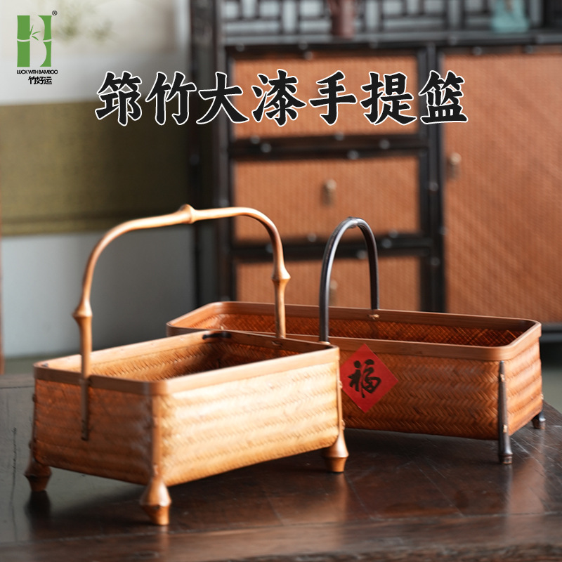 Artesanías de bambú tejidas a mano bambú gran laca cesta nueva casa china sala de estar cesta de almacenamiento de té retro cesta de almacenamiento