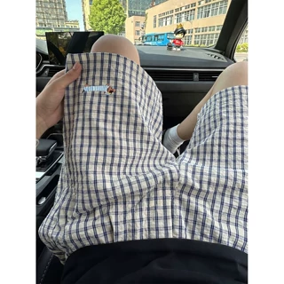 腊肠狗格子短裤男夏季薄款速干宽松外穿五分裤潮牌阔腿沙滩休闲裤