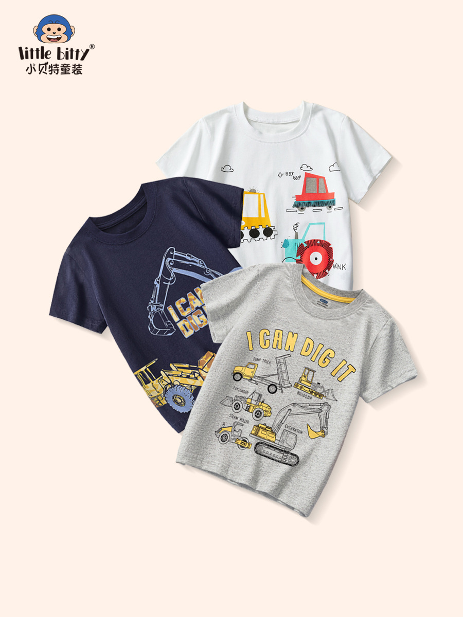 2025 New Summer Kidsren's Cartoon Car Short-Sleeved T-Shirt Tops Boys Fashion European and American Pure Cotton T-Shirt Tops