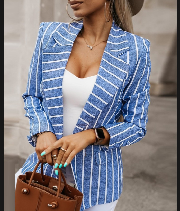 Women's new fashion striped print long-sleeved small suit collar women's coat_voghion.com