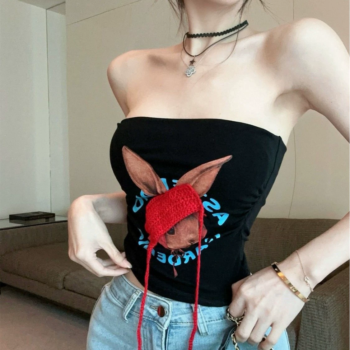 5520 # Топ-труба с принтом кролика и красивой спинкой, облегающий внутренний жилет для женщин.