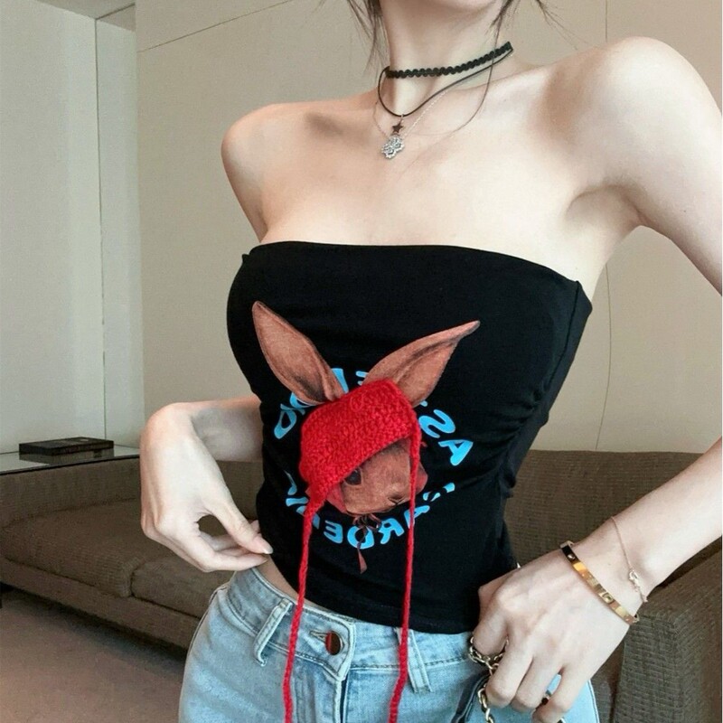 5520 # Rabbit Letter Print Tube Top with a Beautiful Back, Slim Fit Inner Vest for Women