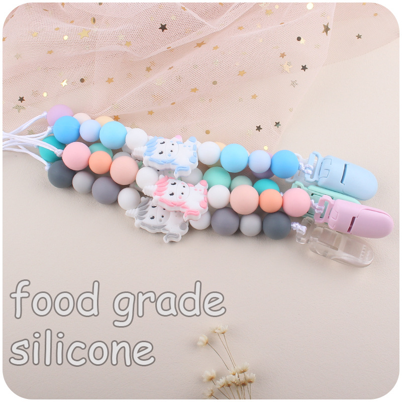Nuevo bebé chupete cadena creativa bebé dibujos animados animal unicornio silicona mordedura molar anti-gota cadena